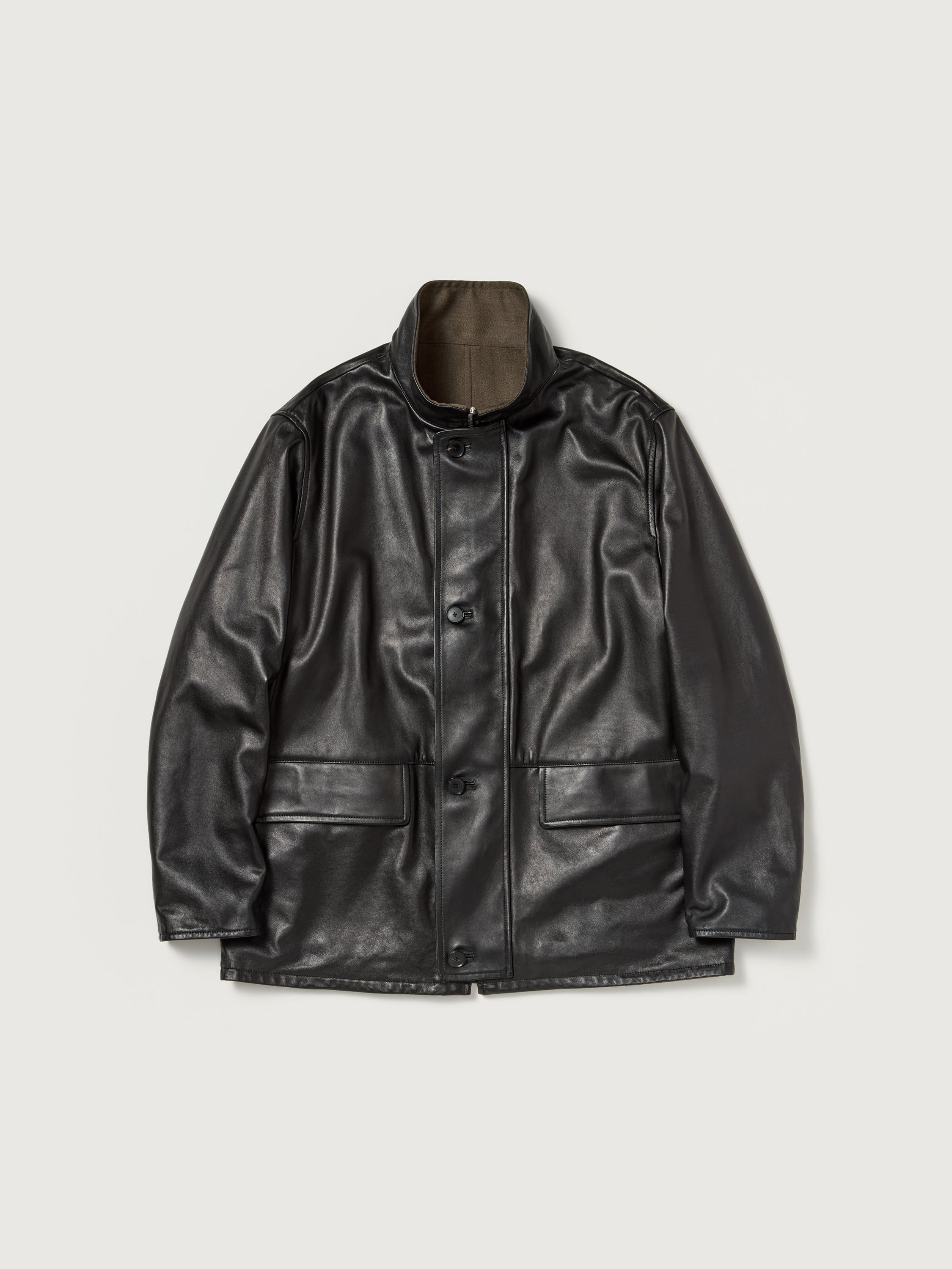 REVERSIBLE WOOL TWISTED TWILL / SHEEP LEATHER HALF COAT