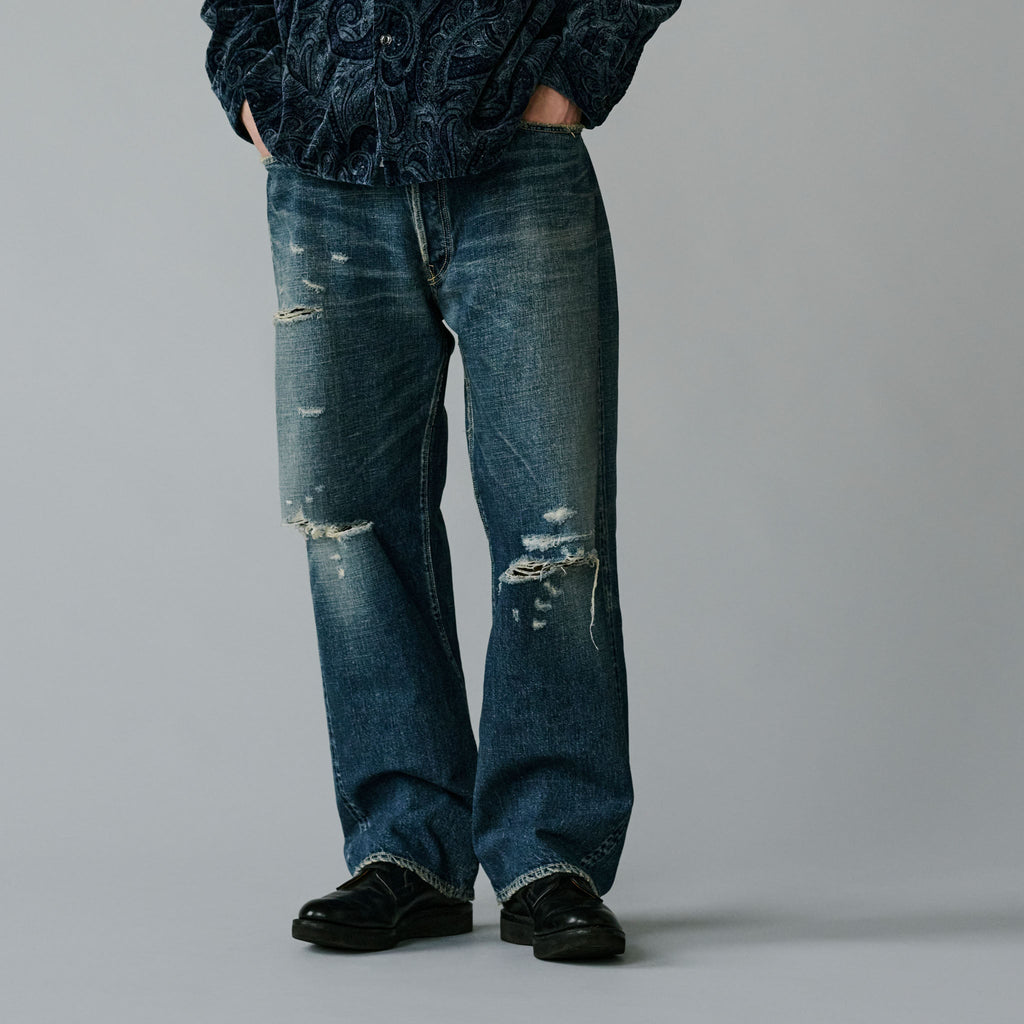Recycled Waste Suvin Cotton Yarn 14oz. Denim 5Pocket Straight Pants Vintage Washed (Zipper Fly)