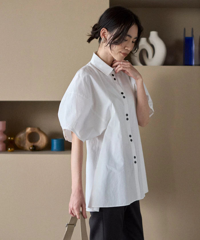 Color Added Balloon Sleeve Shirt / 5 Sleeve Blouse