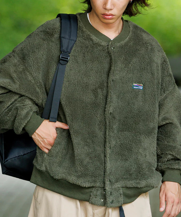 Relaxed Fit Shaggy Fleece Crew Neck Cardigan