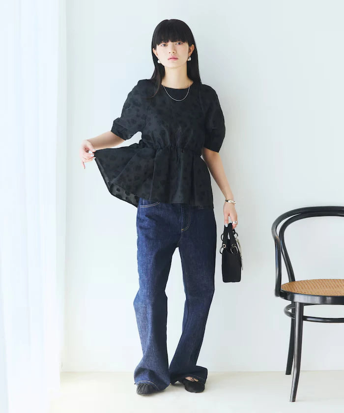 Flower Sheer Jacquard Volume Sleeve Peplum Blouse / 5 Minutes Sleeve