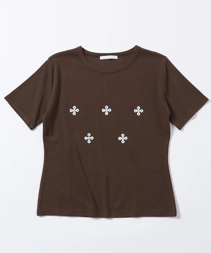 Shell Button Flower Motif Cotton Modal T-Shirt