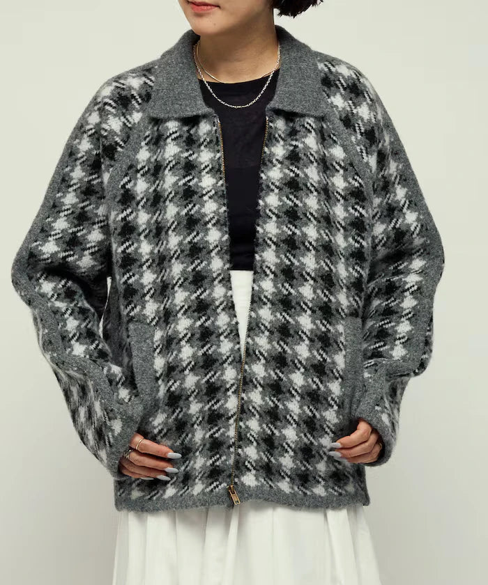 Wool Blend Gancube Check Knit Zip Blouson