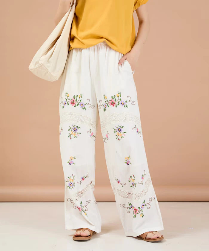 India Flower Cross Embroidery Lace Pants