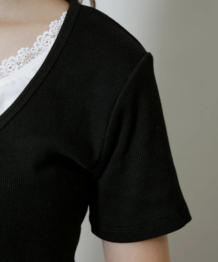 Short Sleeve Lace Layered Style Henley Neck T-Shirt Limited Edition
