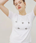 Shell Button Flower Motif Cotton Modal T-Shirt