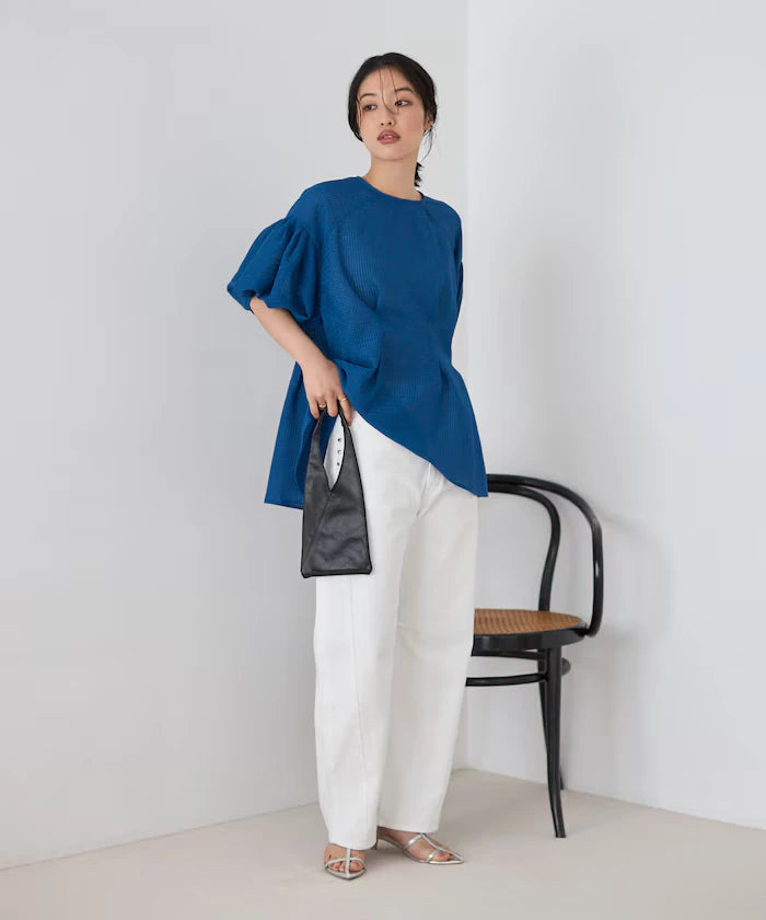 Sheer Check Balloon Sleeve Blouse