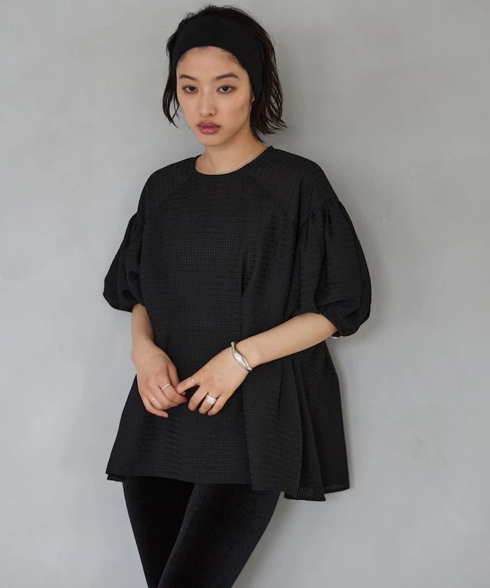Sheer Check Balloon Sleeve Blouse
