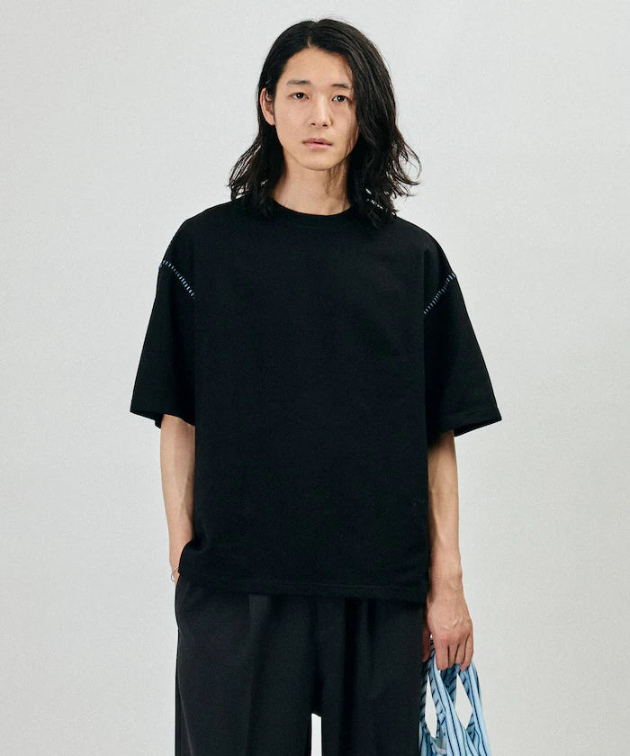 Box Silhouette Contrast Ladder Stitch Crew Neck T-Shirt