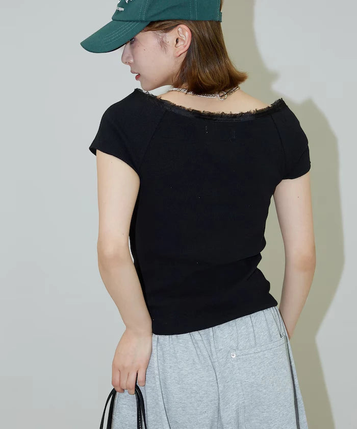 Collar Lace Contrast Henry Rib T-Shirt