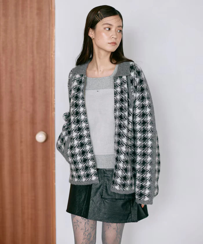 Wool Blend Gancube Check Knit Zip Blouson