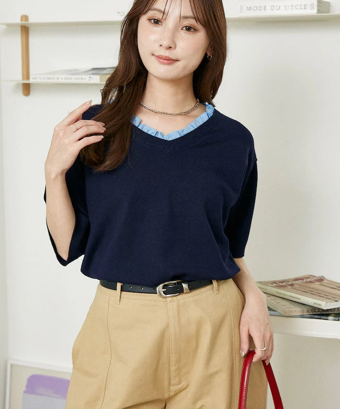 Shirt Frill V-Neck Half Sleeve Summer Knit Limited Edition