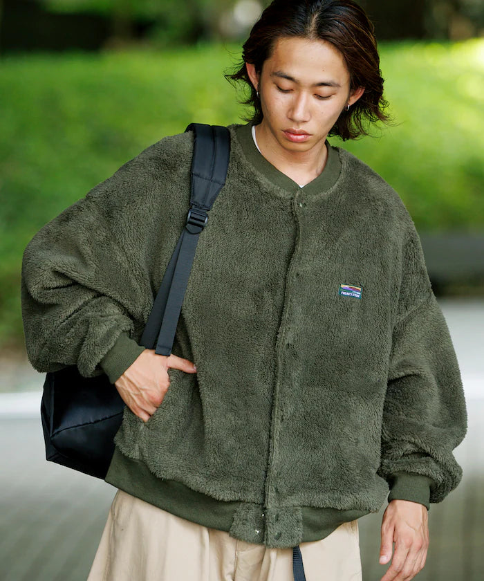 Relaxed Fit Shaggy Fleece Crew Neck Cardigan