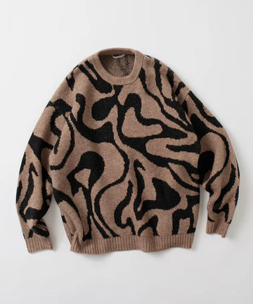 All-over Pattern Double Jacquard Knit Crew Neck Pullover / Relaxed Fit