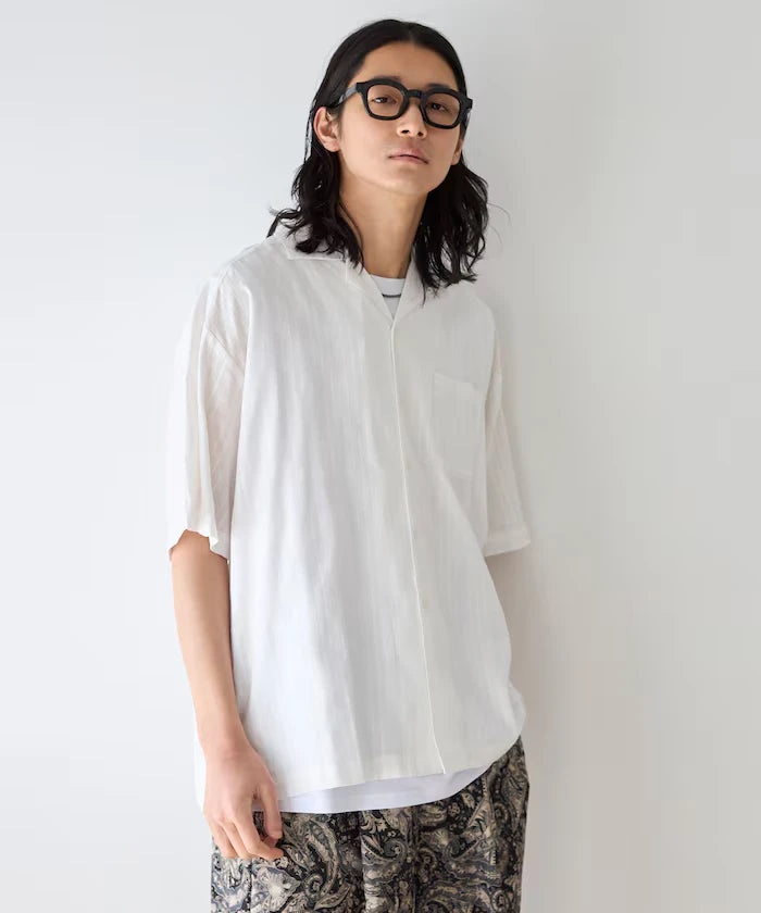 Jacquard Relaxed Fit Open Collar Short Sleeve Shirt Semi-Sheer Dobby Weave