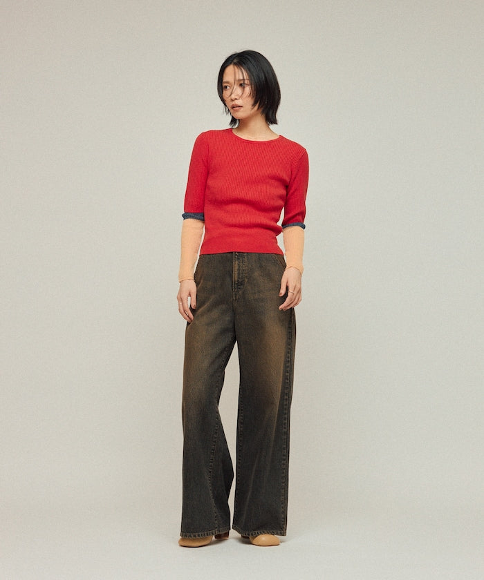 Functional material silk blend color block knit pullover / anti-pill / machine washable
