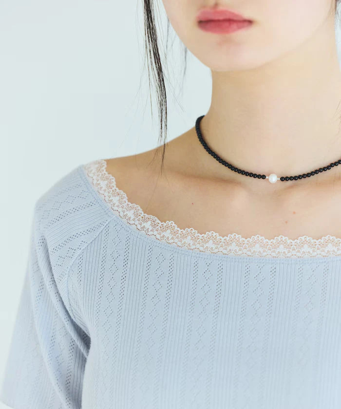 Boat Neck Pullover Knit Lace T-Shirt
