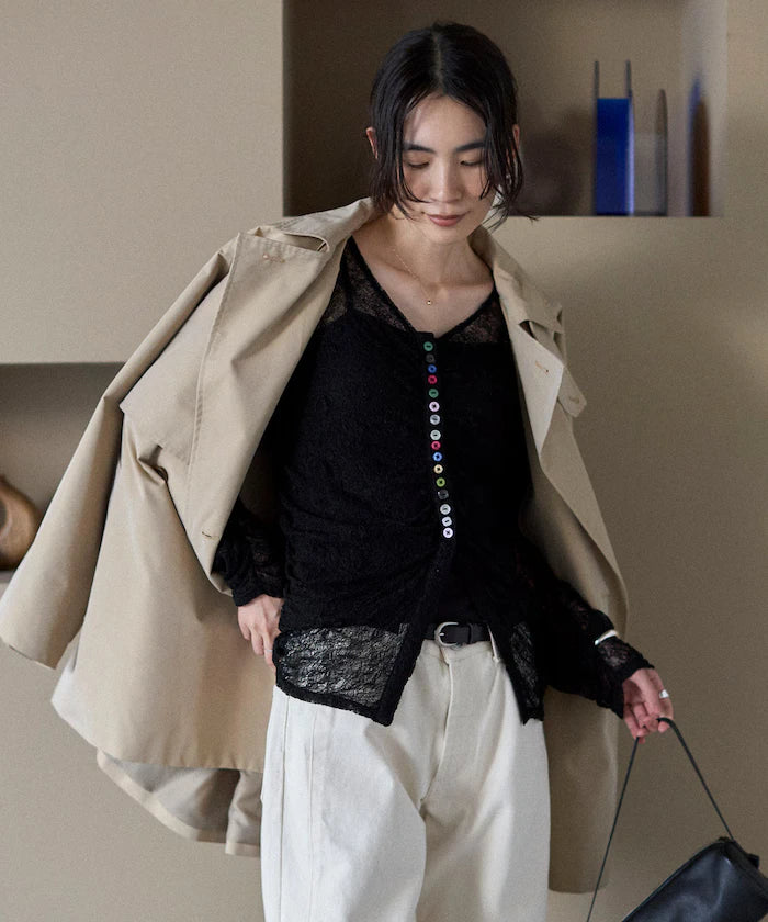 Many Button Lace Shirring Cardigan