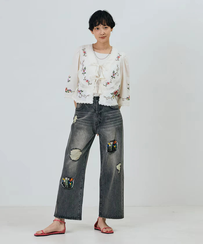 Flower Embroidery Wide Denim