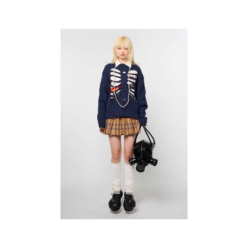 RIB CAGE CABLE KNIT PULLOVER：NAVY