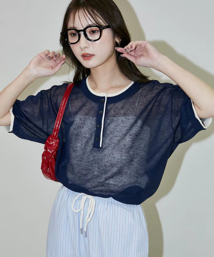 Washable linen color block henley neck knit top limited release