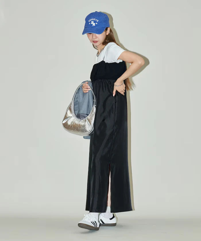 Mixed Material Shirring Satin Dress Limited Release