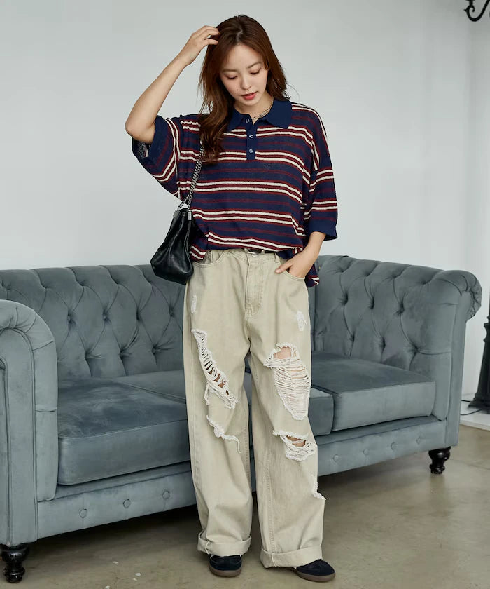 LOVE POP STUDIO Border Knit Polo Shirt Limited Edition