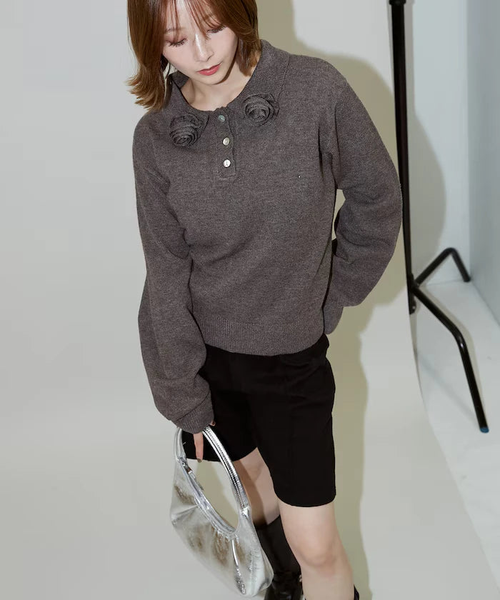 Polo knit pullover with flower motif - limited edition