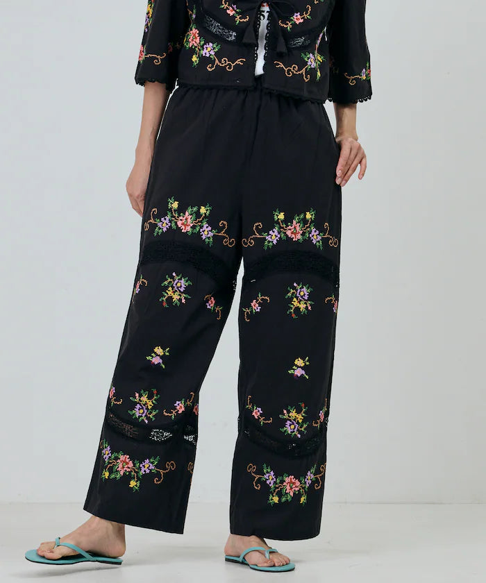 India Flower Cross Embroidery Lace Pants