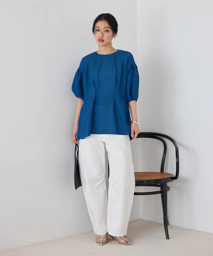 Sheer Check Balloon Sleeve Blouse