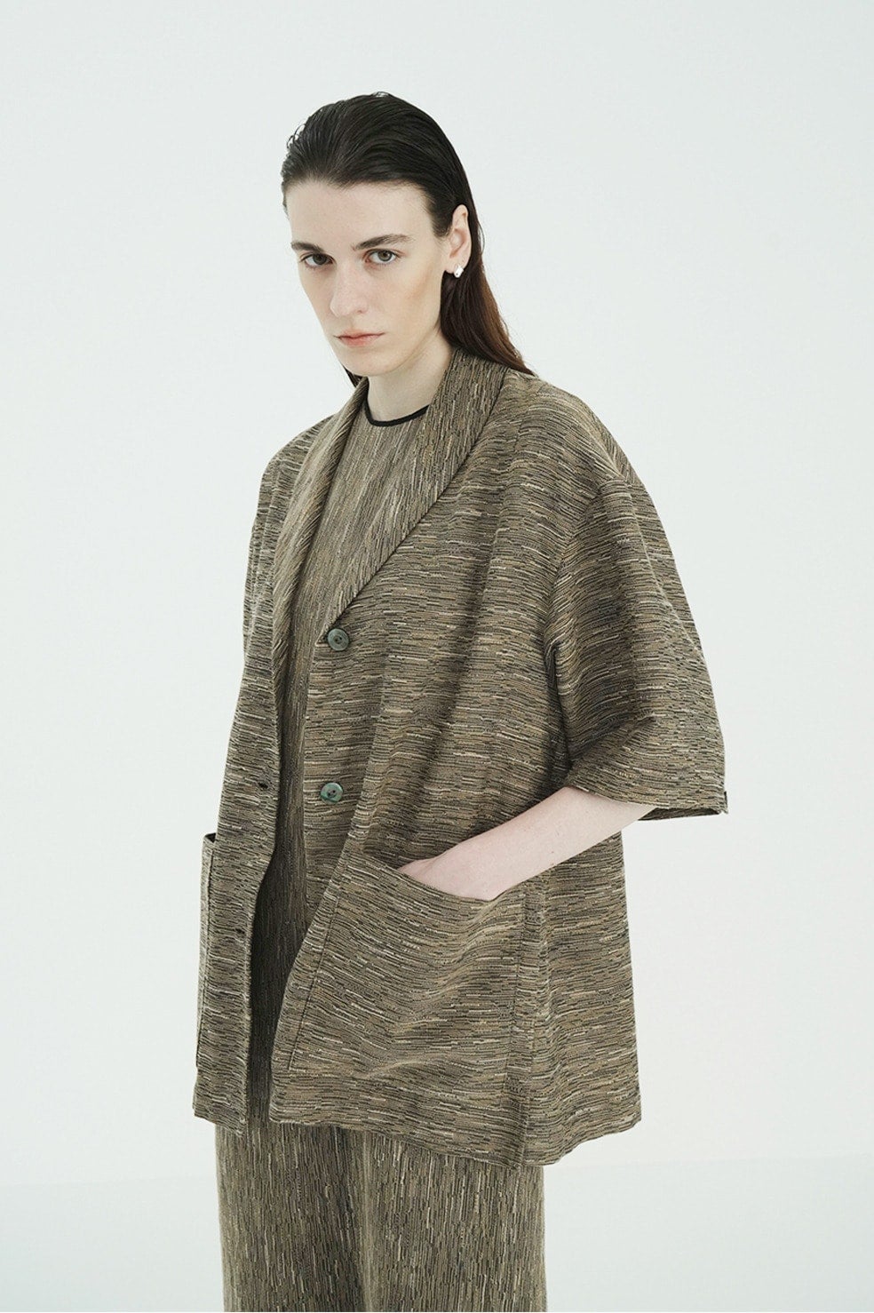 CREPE JACQUARD SHAWL COLLAR SHIRT