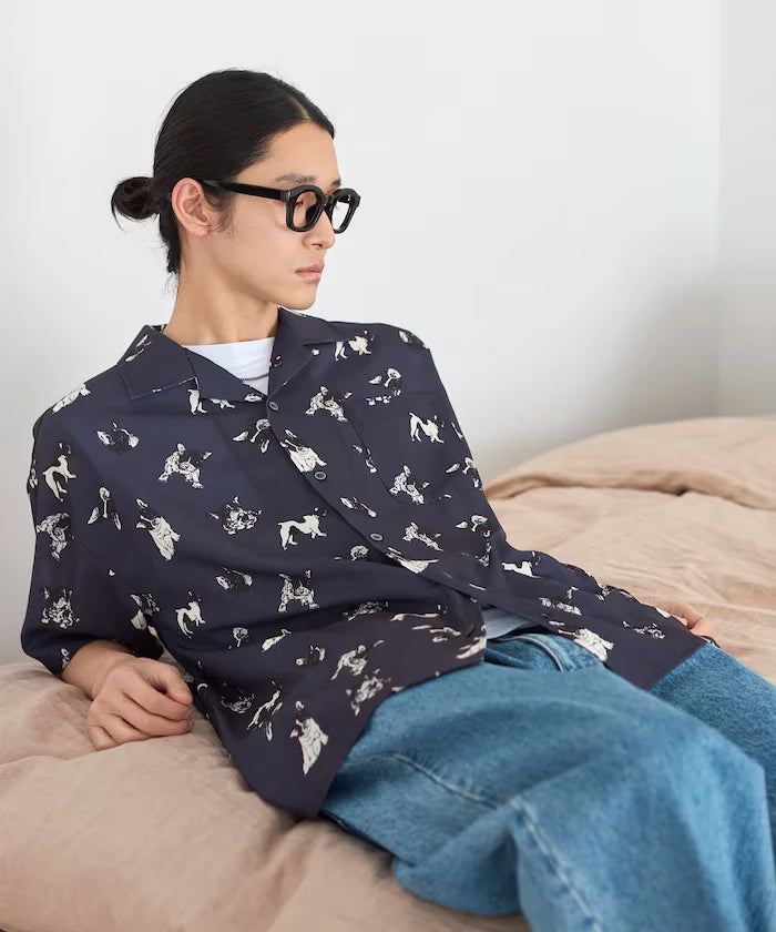 Mesh Open Collar Pattern Short Sleeve Shirt / Allover Design Open Collar Shirt / Big Silhouette