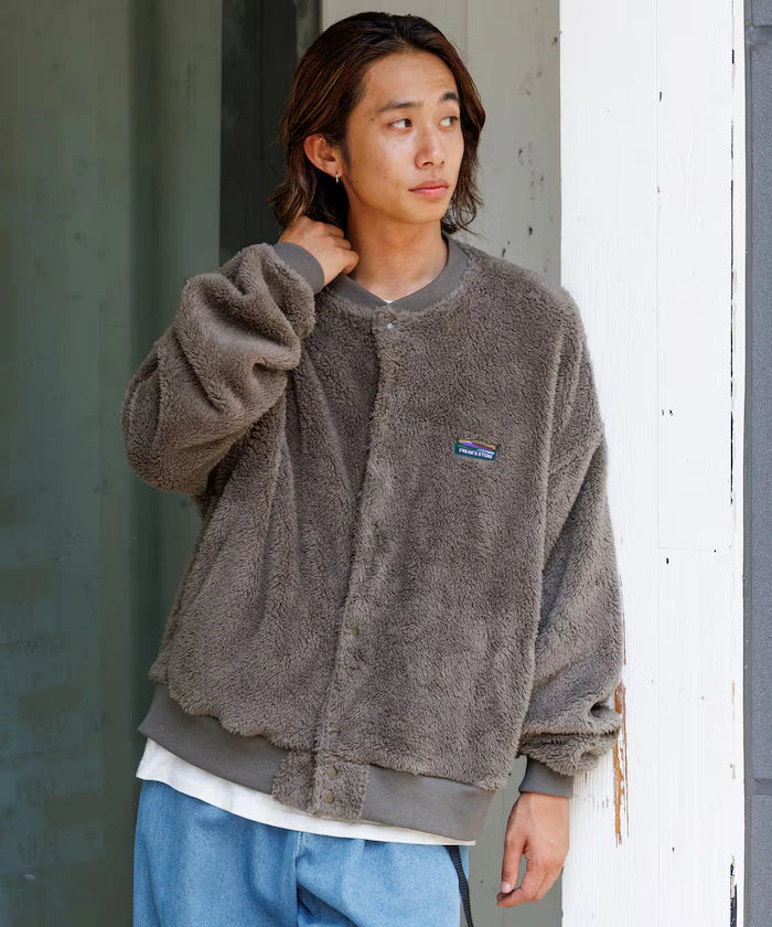Relaxed Fit Shaggy Fleece Crew Neck Cardigan