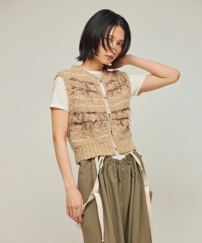 Mixed Material Fringe Knit Vest / Striped Knit Gilet