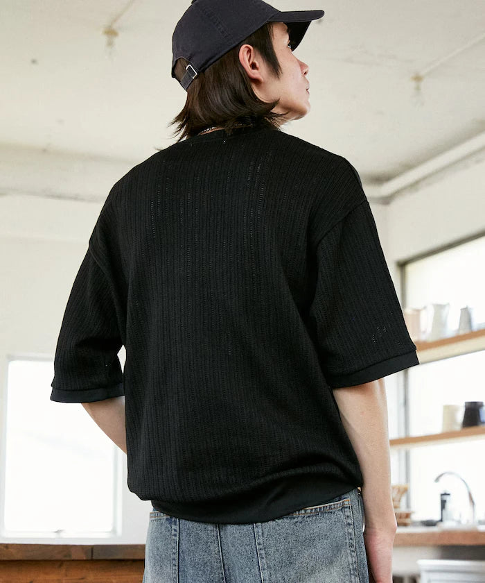 LOVE POP STUDIO Pattern Mesh Henley Neck T-Shirt Limited Release