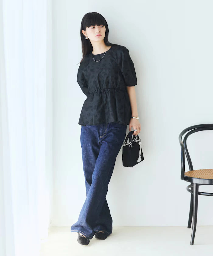 Flower Sheer Jacquard Volume Sleeve Peplum Blouse / 5 Minutes Sleeve