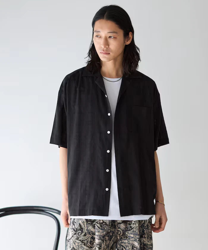 Jacquard Relaxed Fit Open Collar Short Sleeve Shirt Semi-Sheer Dobby Weave