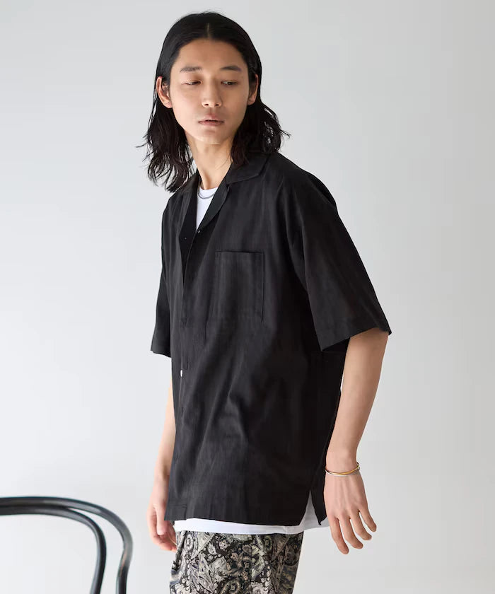 Jacquard Relaxed Fit Open Collar Short Sleeve Shirt Semi-Sheer Dobby Weave