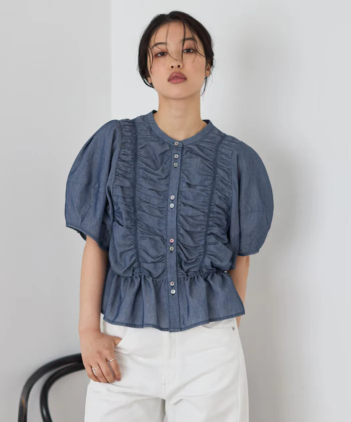 Sheer Shirring Volume Sleeve Blouse / 5 Short Sleeves