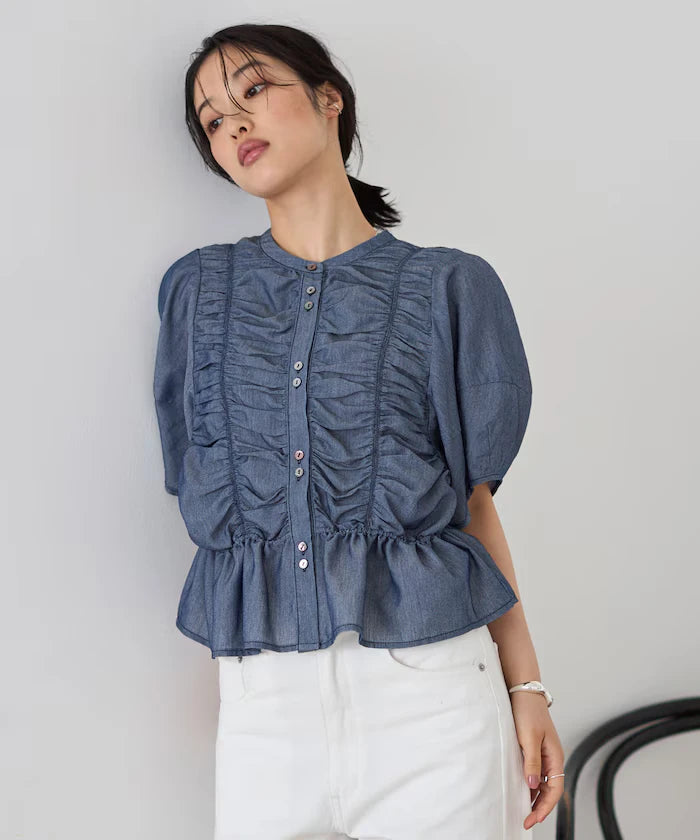 Sheer Shirring Volume Sleeve Blouse / 5 Short Sleeves