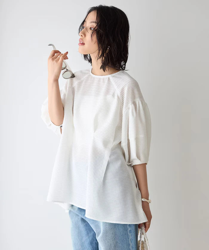 Sheer Check Balloon Sleeve Blouse