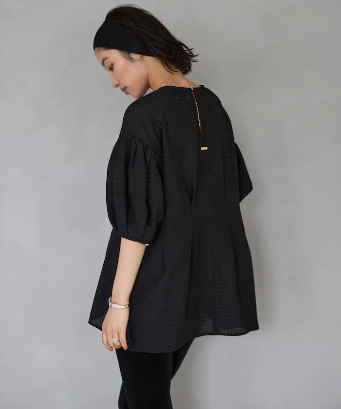 Sheer Check Balloon Sleeve Blouse