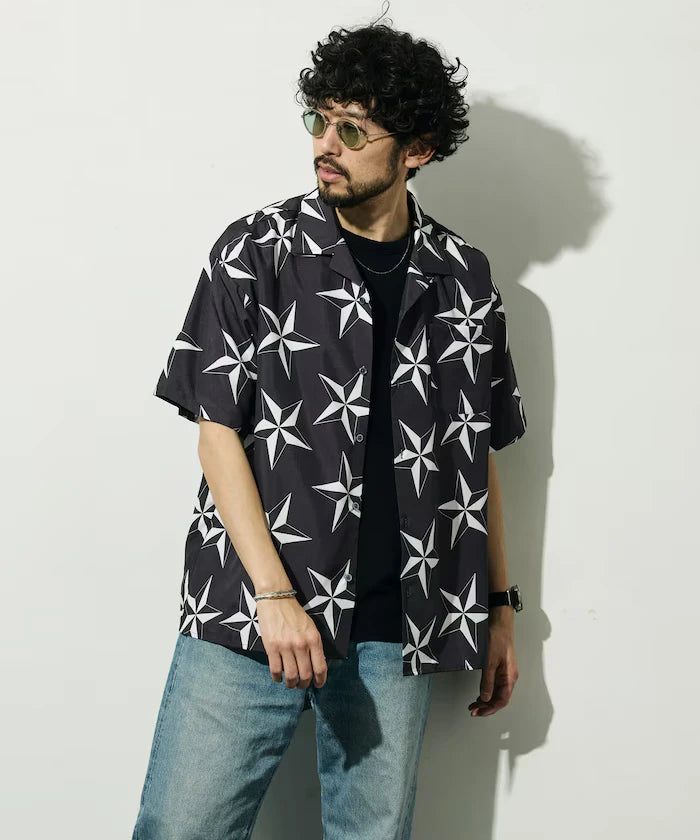 Open Collar Pattern Short Sleeve Shirt