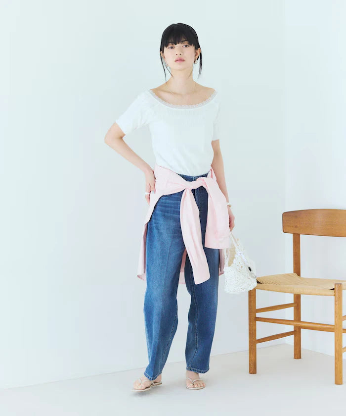 Boat Neck Pullover Knit Lace T-Shirt