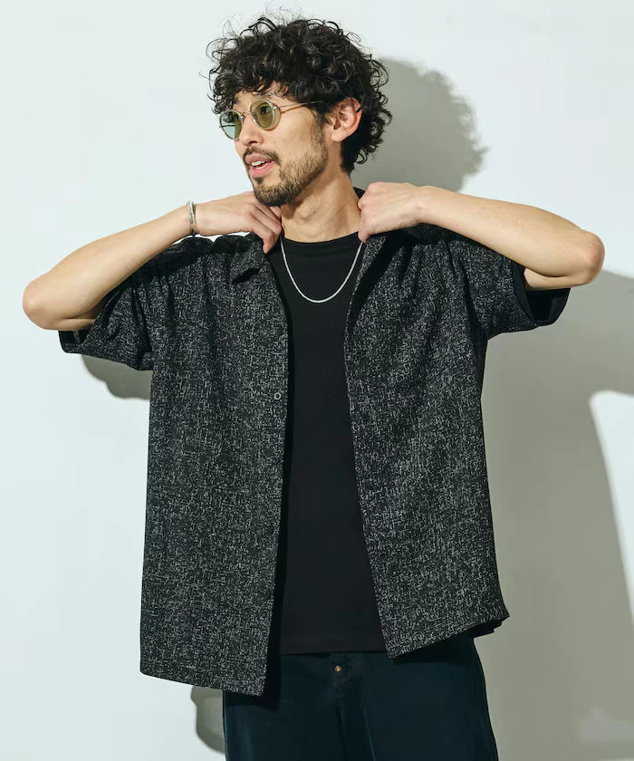 Dry Touch Summer Tweed Short Sleeve Open Collar Shirt