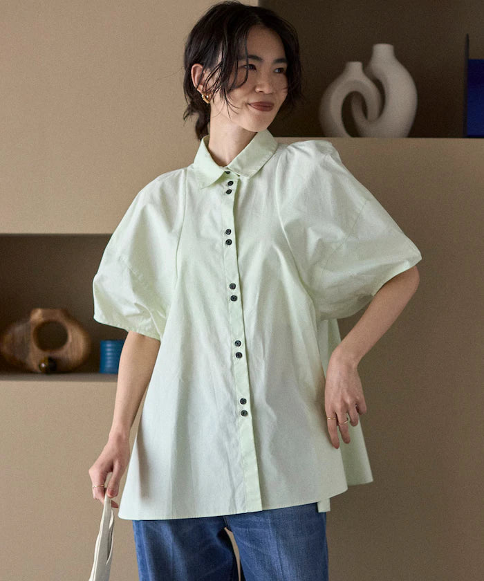 Switching Design Balloon Sleeve Shirt / 5-Minute Sleeve Blouse