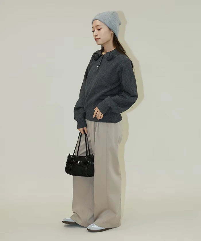 Polo knit pullover with flower motif - limited edition