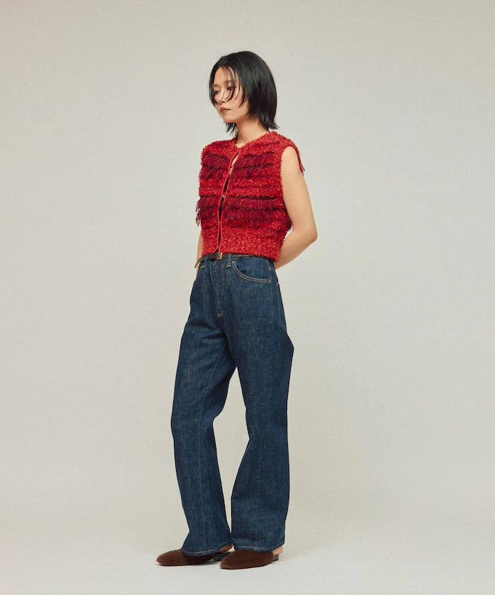 Mixed Material Fringe Knit Vest / Striped Knit Gilet