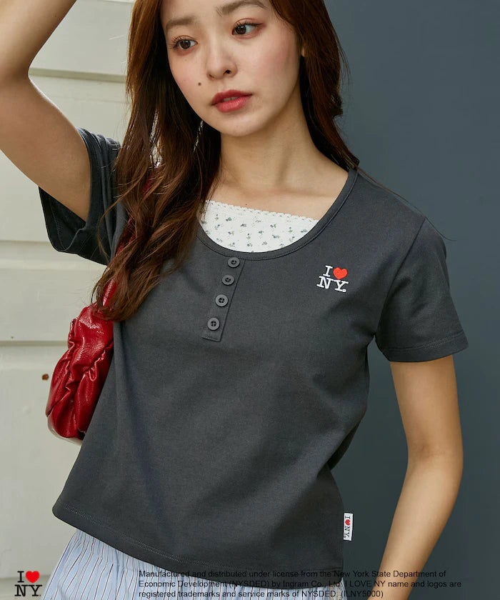 I LOVE NY Floral Pattern Layered Style Henley Neck T-Shirt Limited Edition