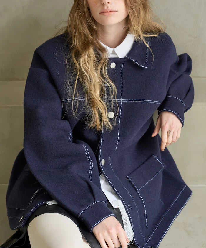 Oversized Wool Blend Knit Coverall / Color Stitch Knit Jacket